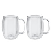 Zwei transparente Kaffeegläser mit Griffen, frontal fotografiert, 350ml Fassungsvermögen, doppelwandiges Design.