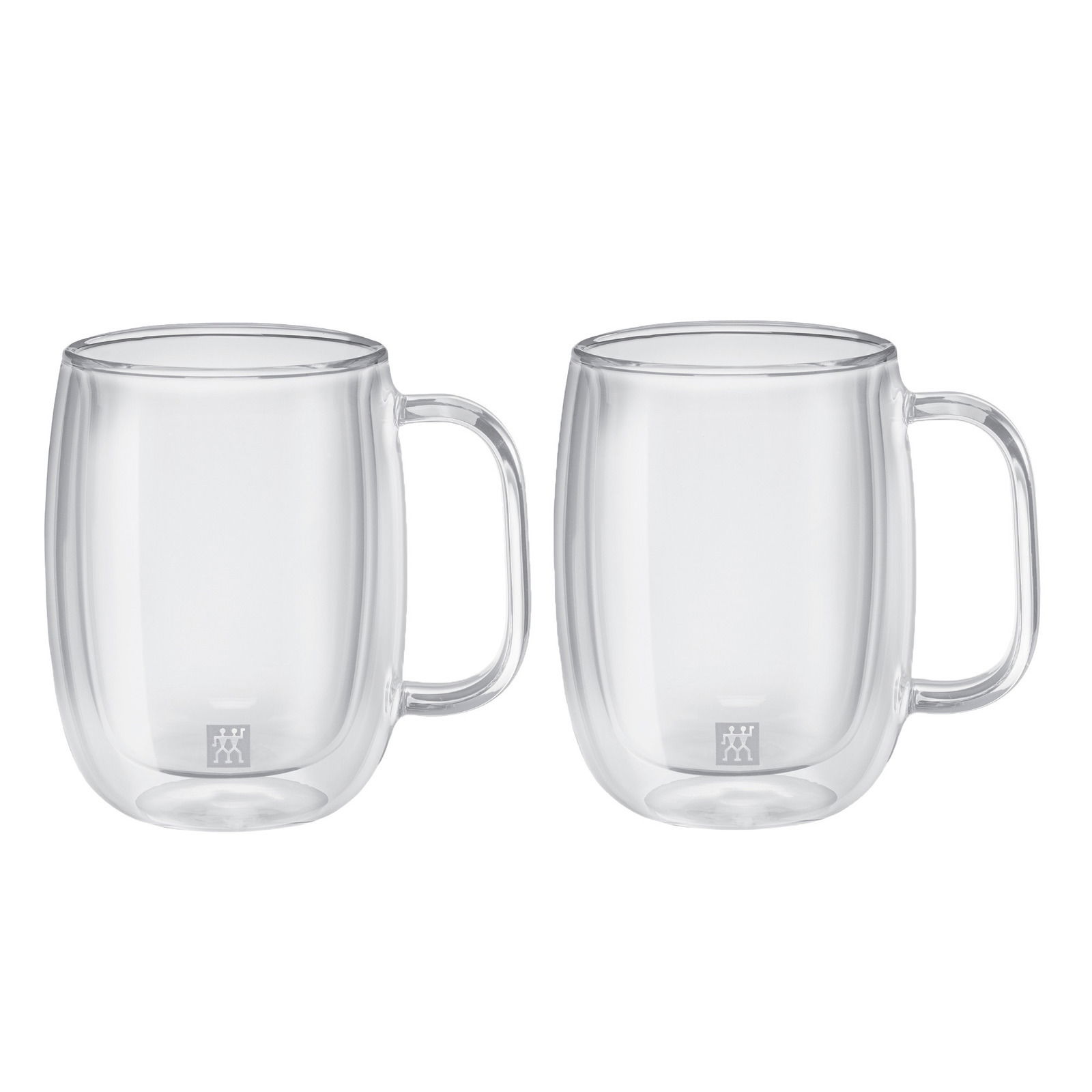 Zwei transparente Kaffeegläser mit Griffen, frontal fotografiert, 350ml Fassungsvermögen, doppelwandiges Design.