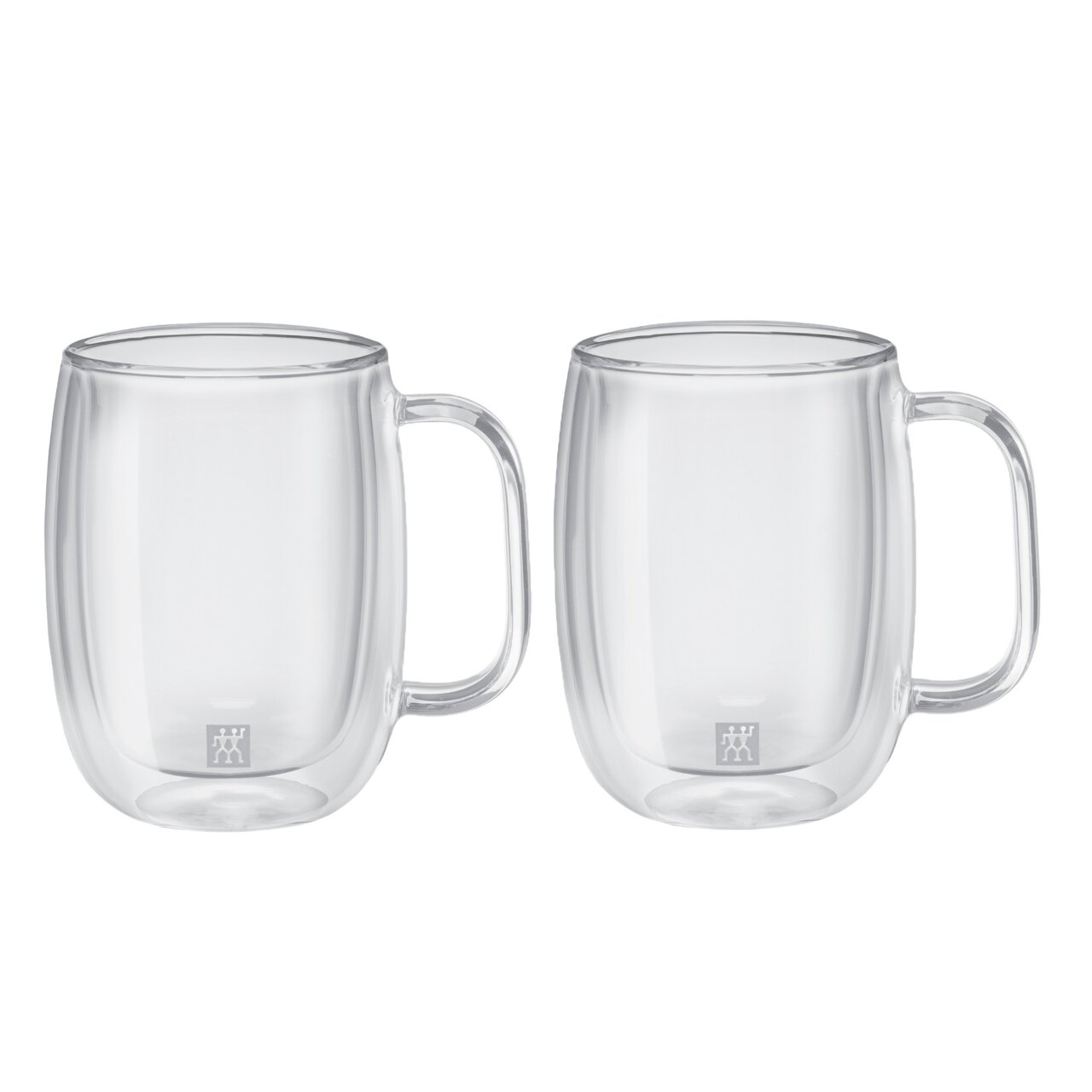 Zwei transparente Kaffeegläser mit Griffen, frontal fotografiert, 350ml Fassungsvermögen, doppelwandiges Design.