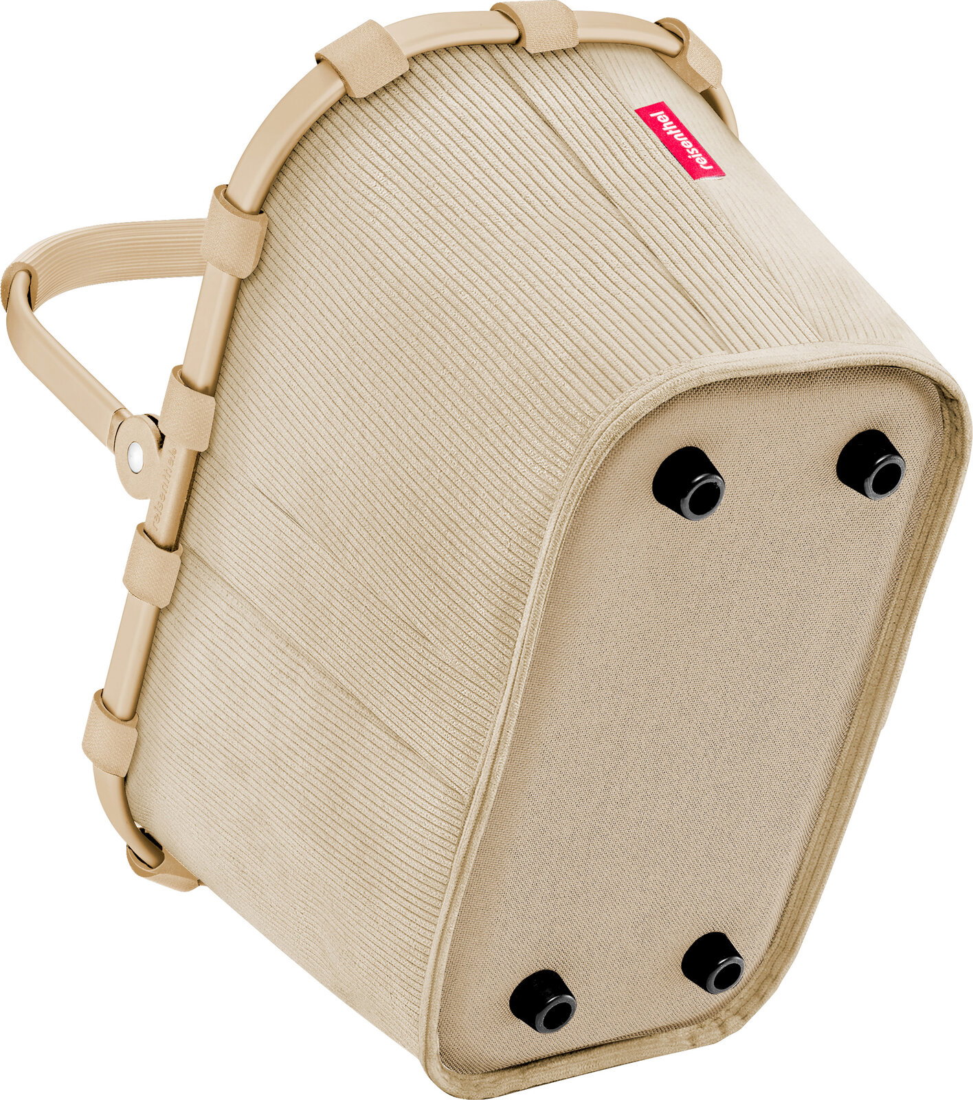 Beige Reisenthel Einkaufskorb mit gerippter Stoffstruktur, stabilem Rahmen und vier schwarzen Standfüßen, schräg von unten/seitlich fotografiert