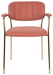 Vorderansicht eines Armlehnenstuhls mit rotem Stoffbezug und goldenen Metallbeinen.