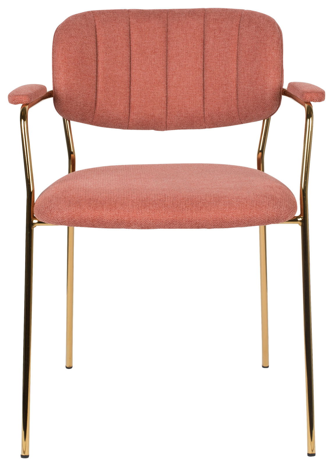 Vorderansicht eines Armlehnenstuhls mit rotem Stoffbezug und goldenen Metallbeinen.
