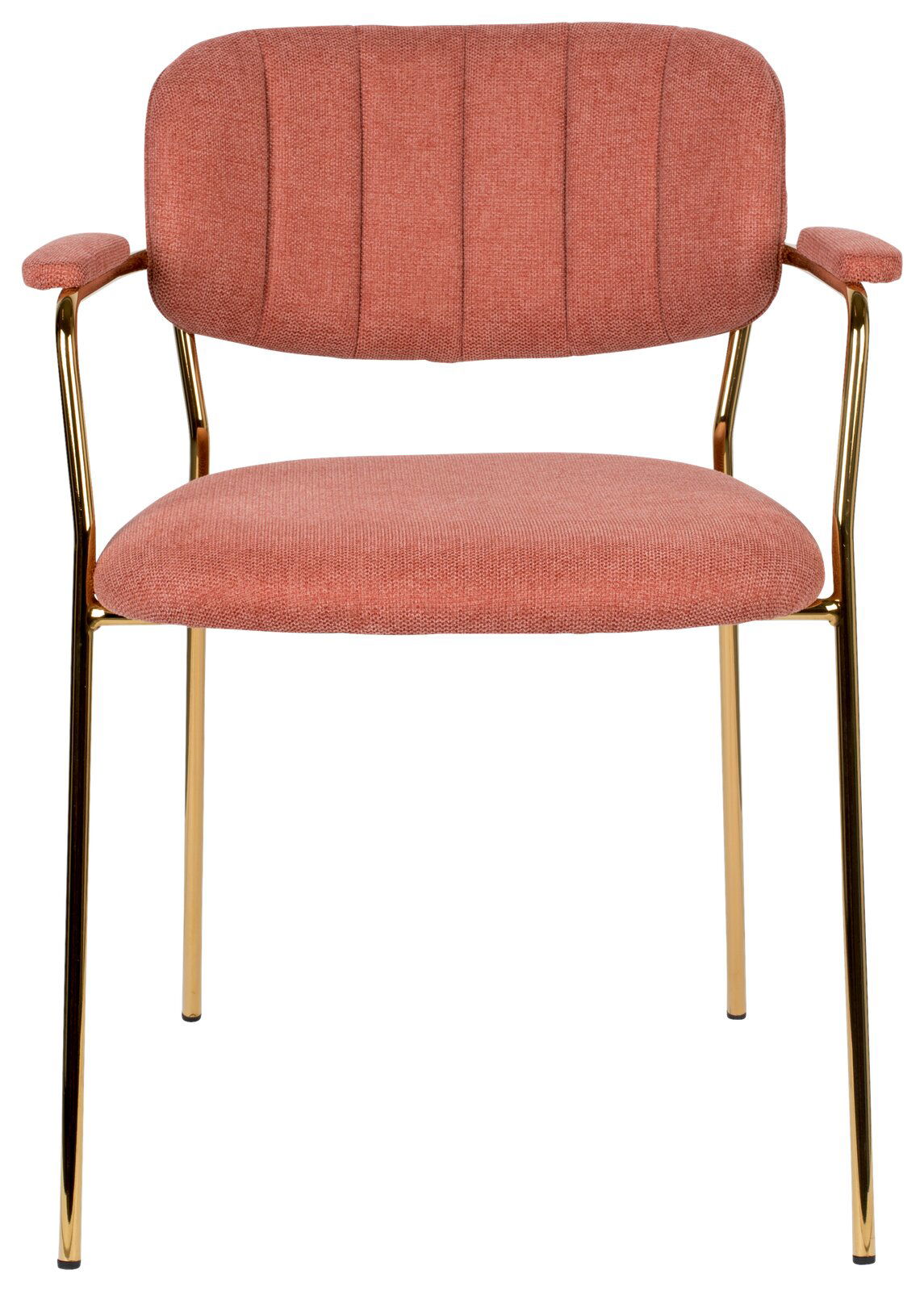 Vorderansicht eines Armlehnenstuhls mit rotem Stoffbezug und goldenen Metallbeinen.