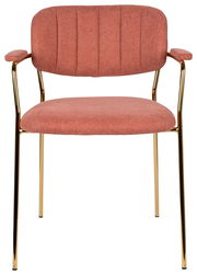 Vorderansicht eines Armlehnenstuhls mit rotem Stoffbezug und goldenen Metallbeinen.