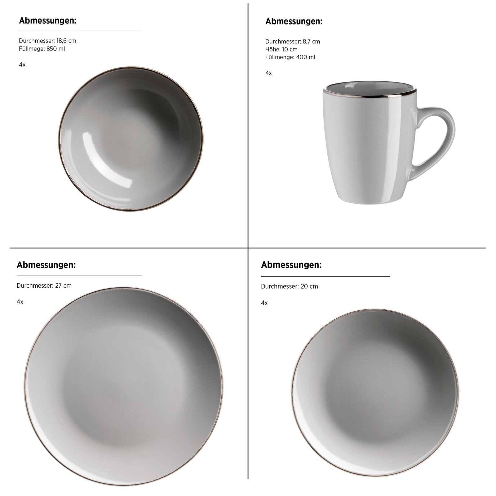 Graues Geschirrset mit Tasse und Tellern/Schalen in verschiedenen Größen, teils von oben und teils in Seitenansicht vor weißem Hintergrund