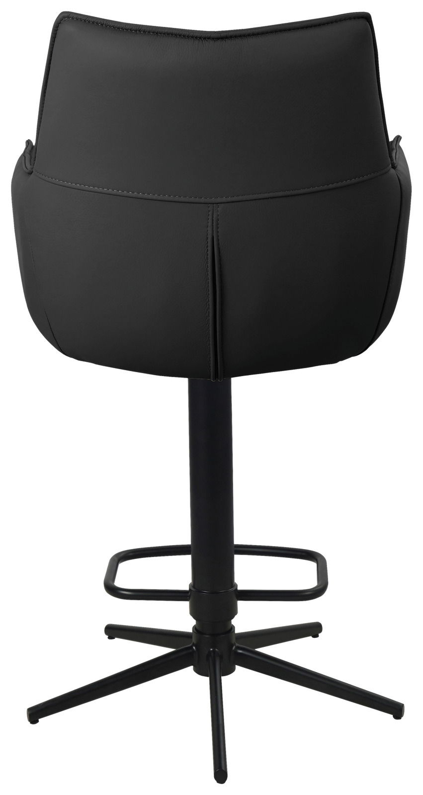 Rückansicht eines schwarzen Barstuhls mit gepolsterter Rückenlehne und stabilem Metallfuß.