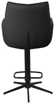 Rückansicht eines schwarzen Barstuhls mit gepolsterter Rückenlehne und stabilem Metallfuß.