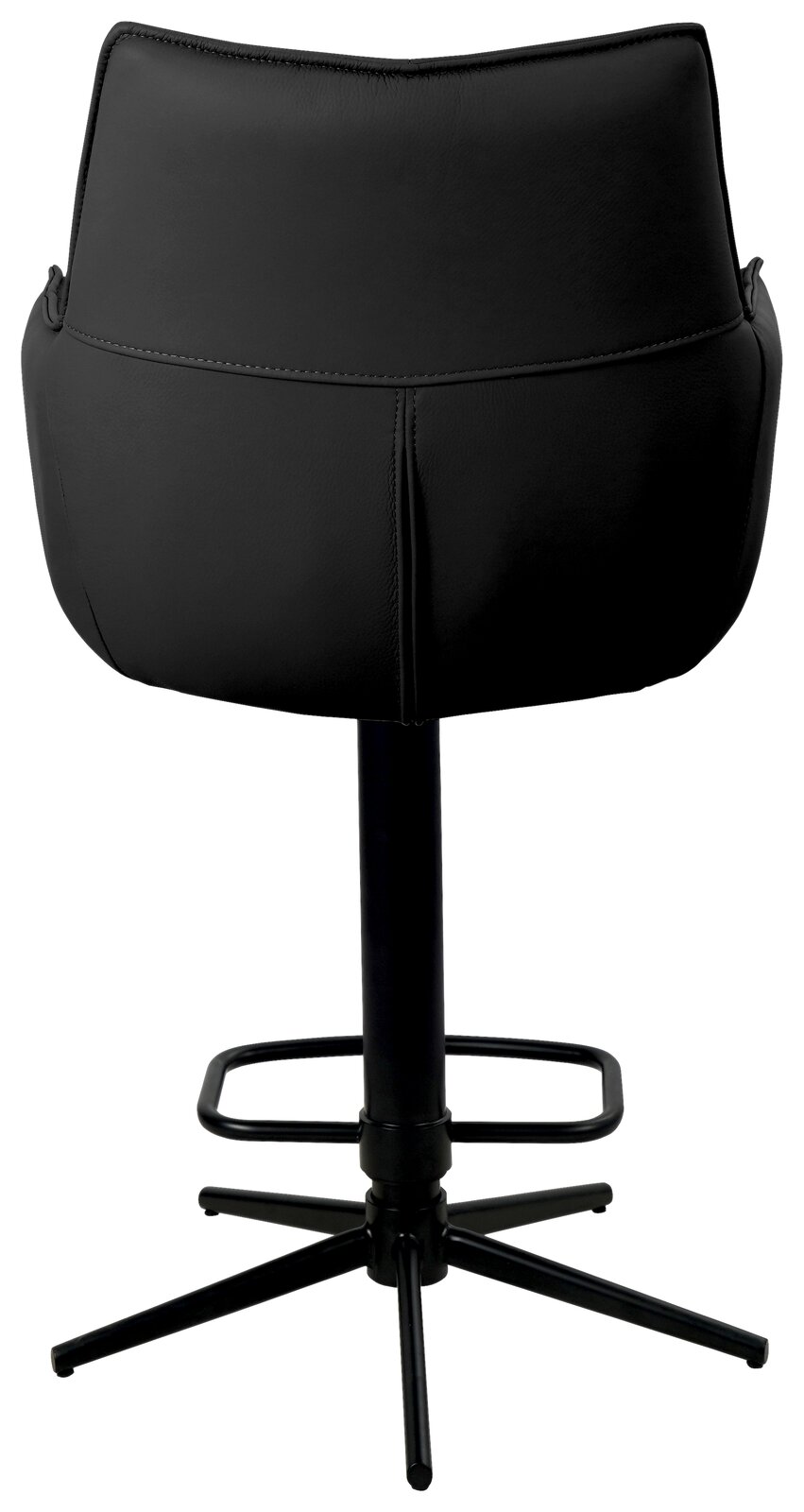 Rückansicht eines schwarzen Barstuhls mit gepolsterter Rückenlehne und stabilem Metallfuß.