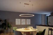 Moderne ringförmige LED-Pendelleuchte in Schwarz mit warmweißem Licht über einem Esstisch in Wohnküche, Ansicht leicht von unten in schräger Perspektive