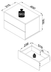 Technische isometrische Ansicht einer rechteckigen Schubladenbox mit Maßangaben (ca. 600 × 315 × 300 mm) und Belastungsangabe 5 kg; darunter isometrische Detailansicht einer Schublade mit Innenmaßen (ca. 519 × 238 × 81 mm) und 3-kg-Angabe.
