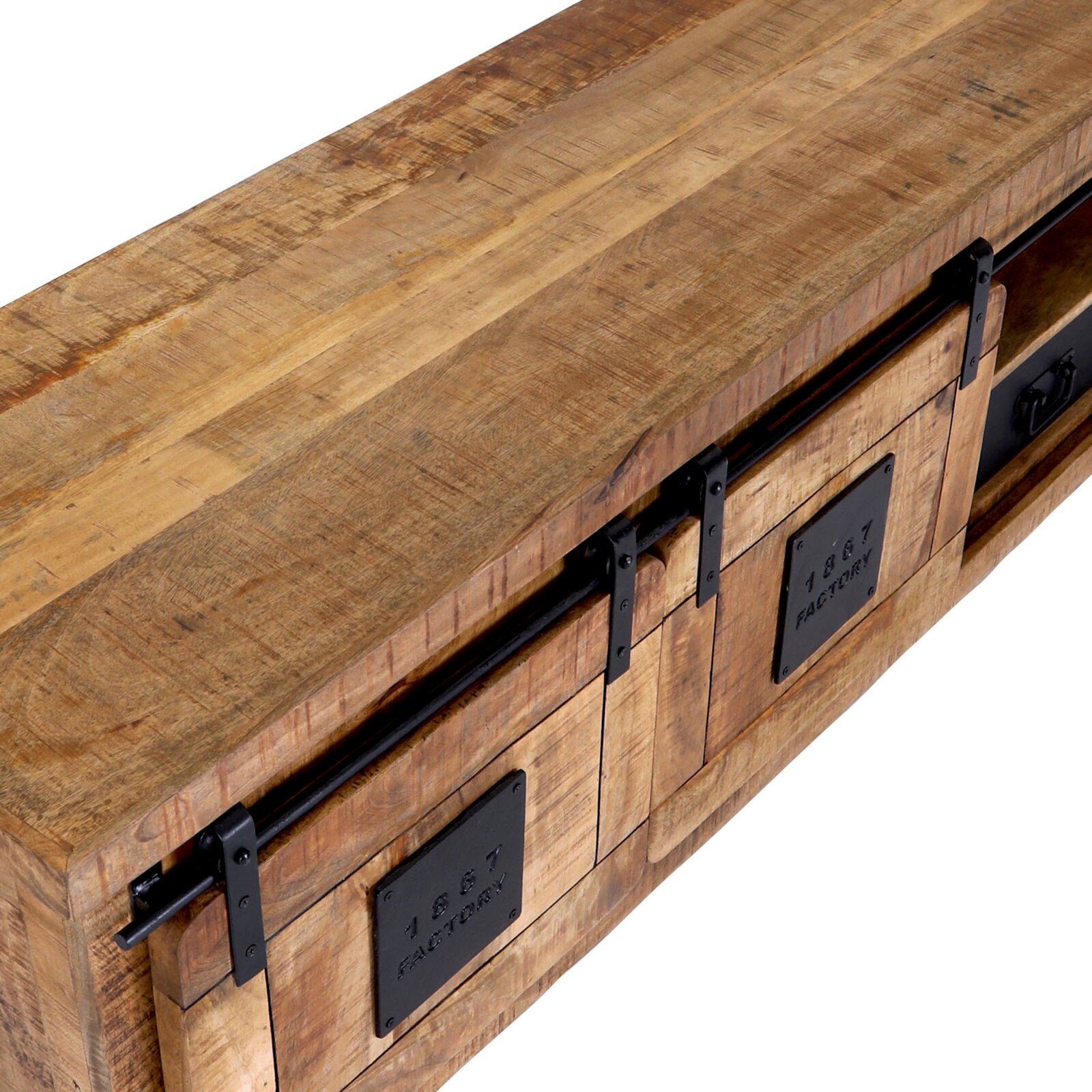 Rustiek houten lowboard met metalen accenten, zijaanzicht