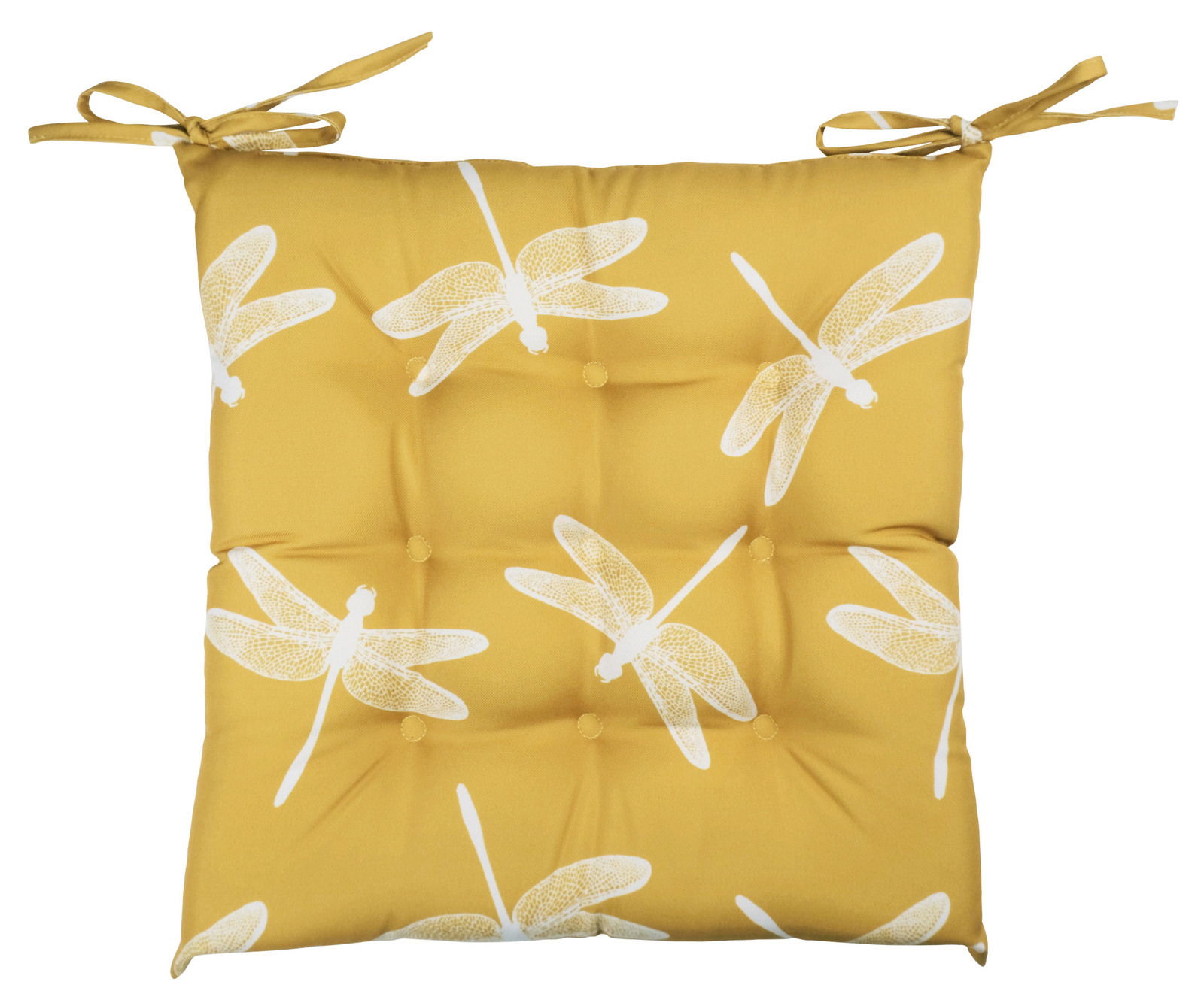 Gelbes Stuhlkissen mit weißen Libellenmuster, Draufsicht