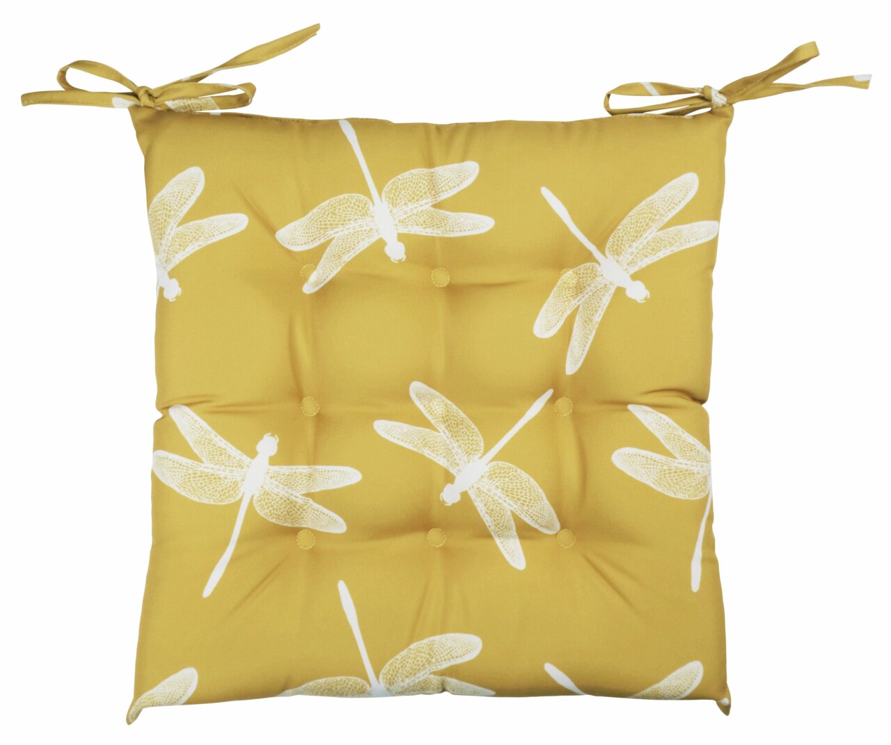 Gelbes Stuhlkissen mit weißen Libellenmuster, Draufsicht