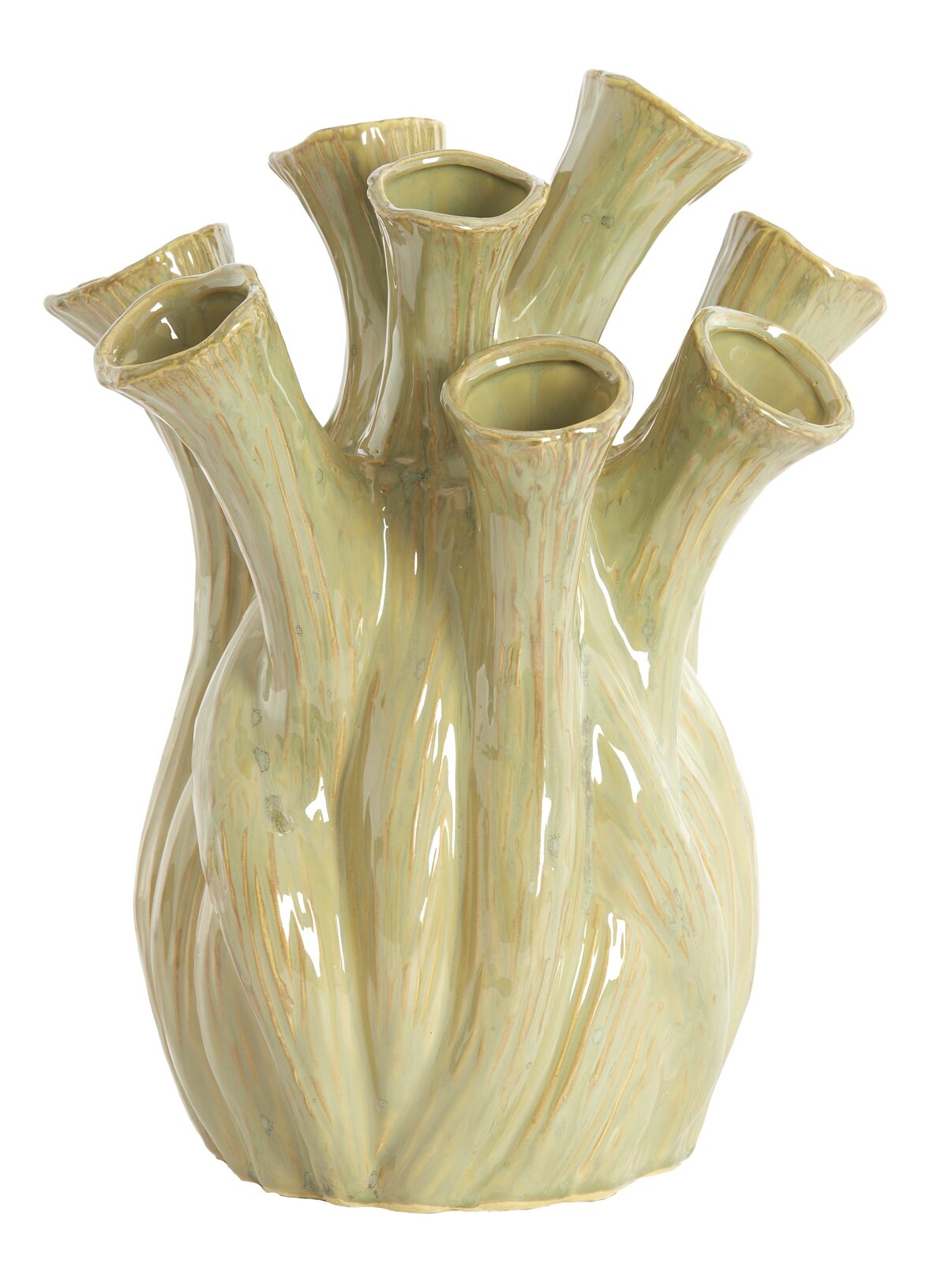 Keramikvase mit mehreren Röhren in organischer Form, seitliche Perspektive