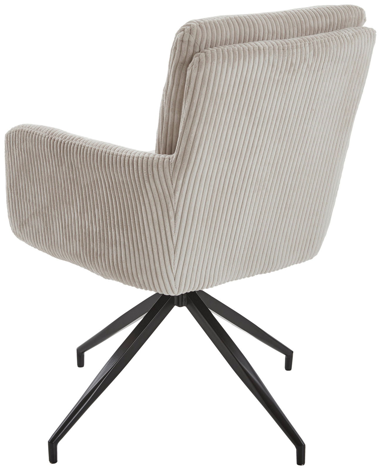 Rückansicht eines modernen Armlehnstuhls mit beigem, geripptem Stoffbezug und schwarzem Metallgestell.
