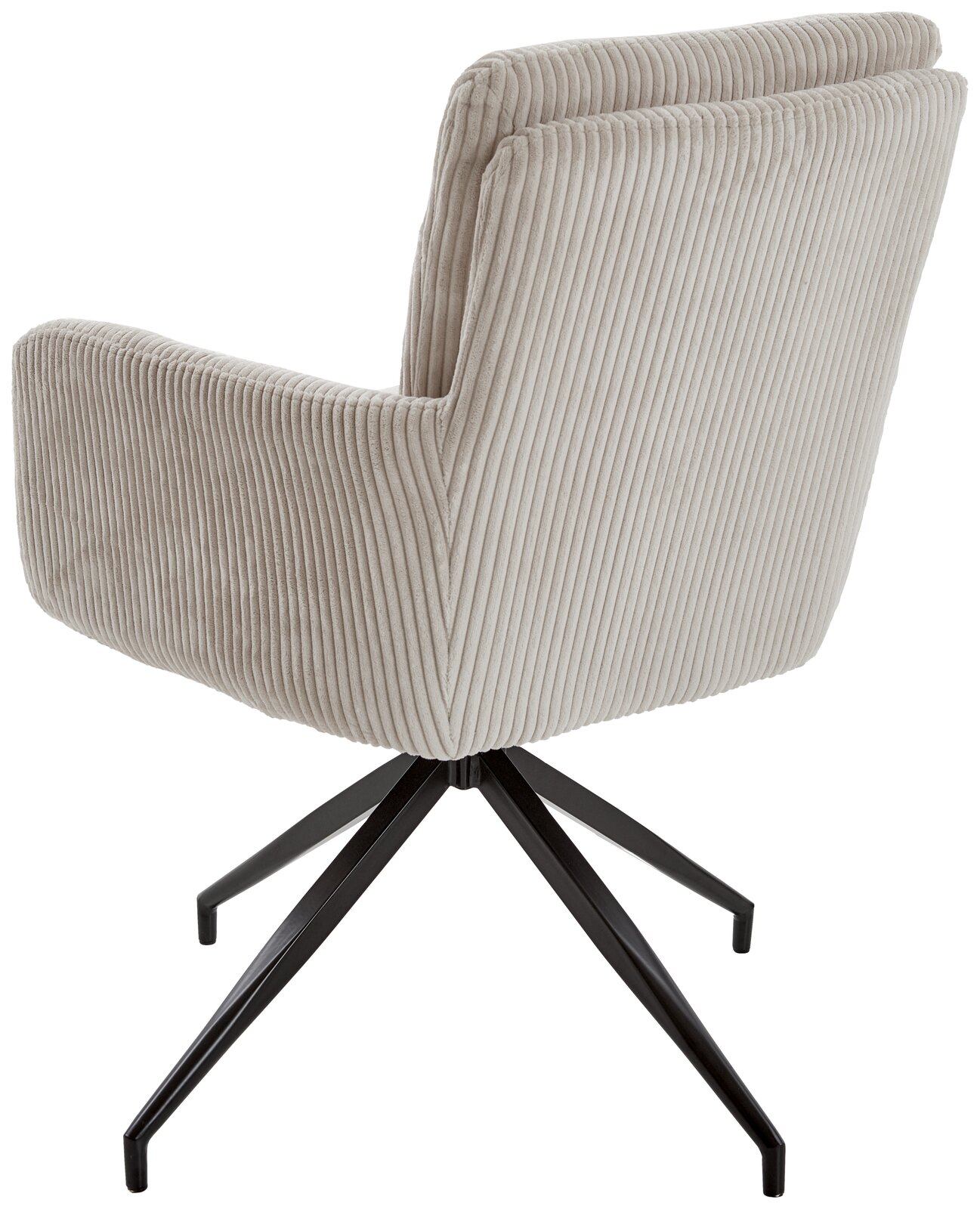 Rückansicht eines modernen Armlehnstuhls mit beigem, geripptem Stoffbezug und schwarzem Metallgestell.