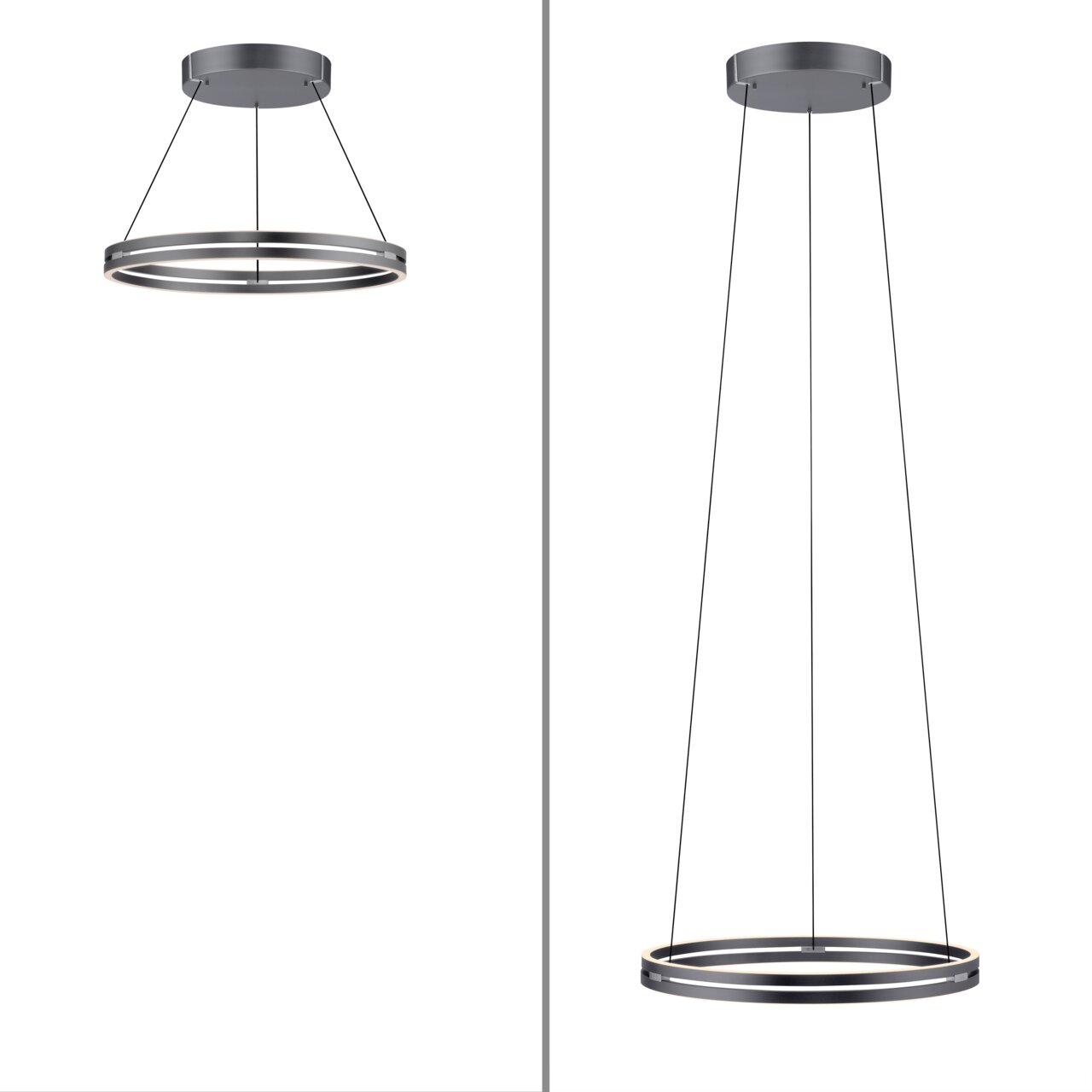 De moderne hanglamp PURE-E-LOOP van Paul Neuhaus vanuit twee perspectieven: van opzij en van onderaf gezien, met een elegant, rond ontwerp en slanke kabels.