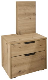 Nachtkonsole aus Holz mit zwei Schubladen und Paneelaufsatz, Perspektive von vorne rechts