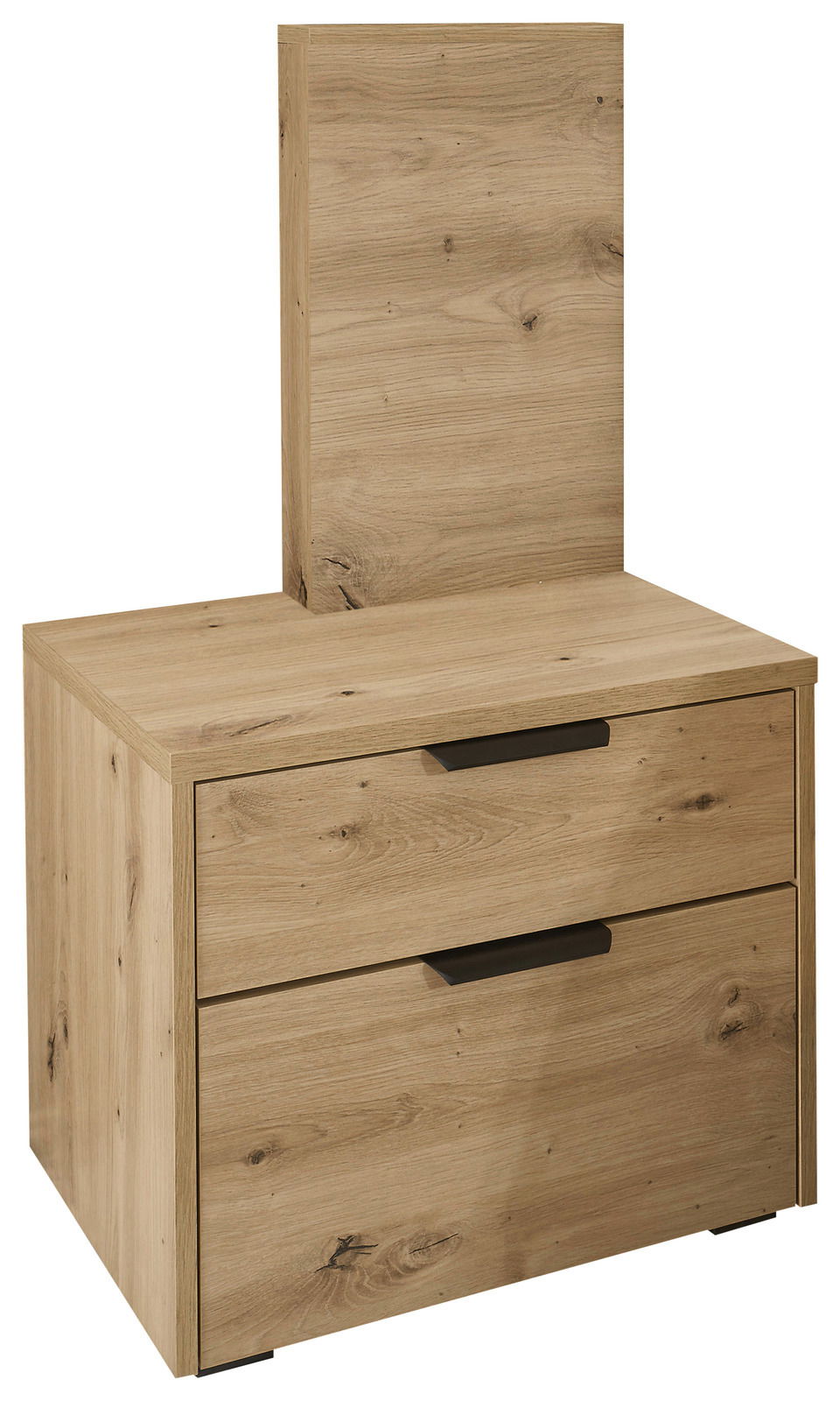 Nachtkonsole aus Holz mit zwei Schubladen und Paneelaufsatz, Perspektive von vorne rechts