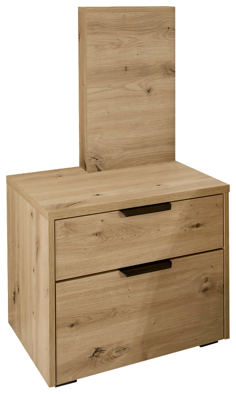 Nachtkonsole aus Holz mit zwei Schubladen und Paneelaufsatz, Perspektive von vorne rechts
