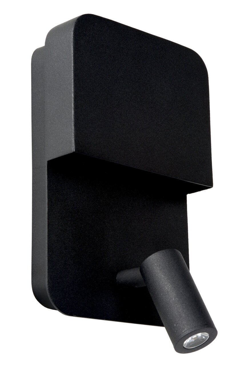 Schwarze Wand- oder Bettleuchte Lucide BOXER mit modernem, rechteckigem Design und verstellbarem Spot, seitliche Perspektive