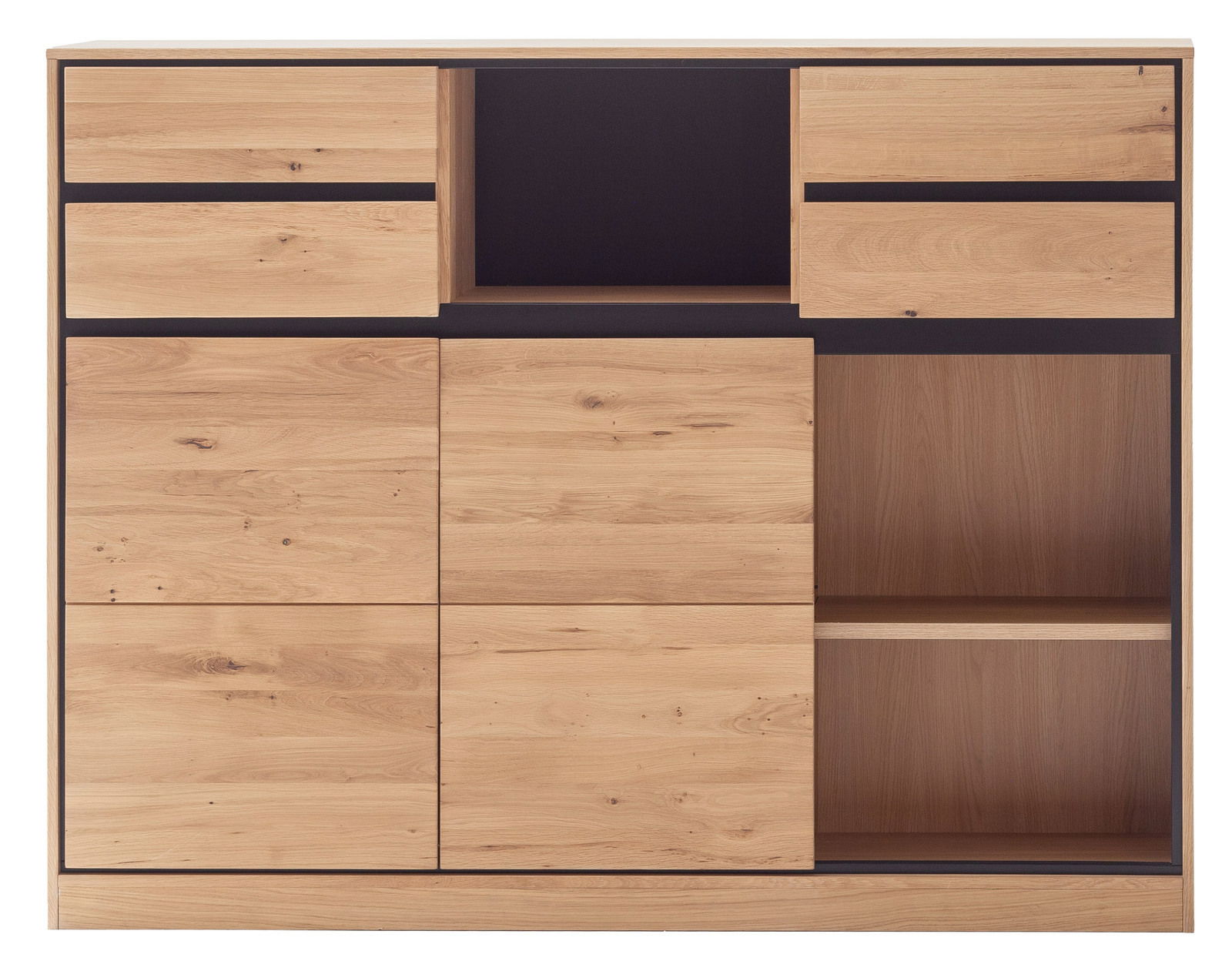 Frontale Ansicht eines modernen Bücherregals aus Holz mit mehreren Fächern und Schubladen.