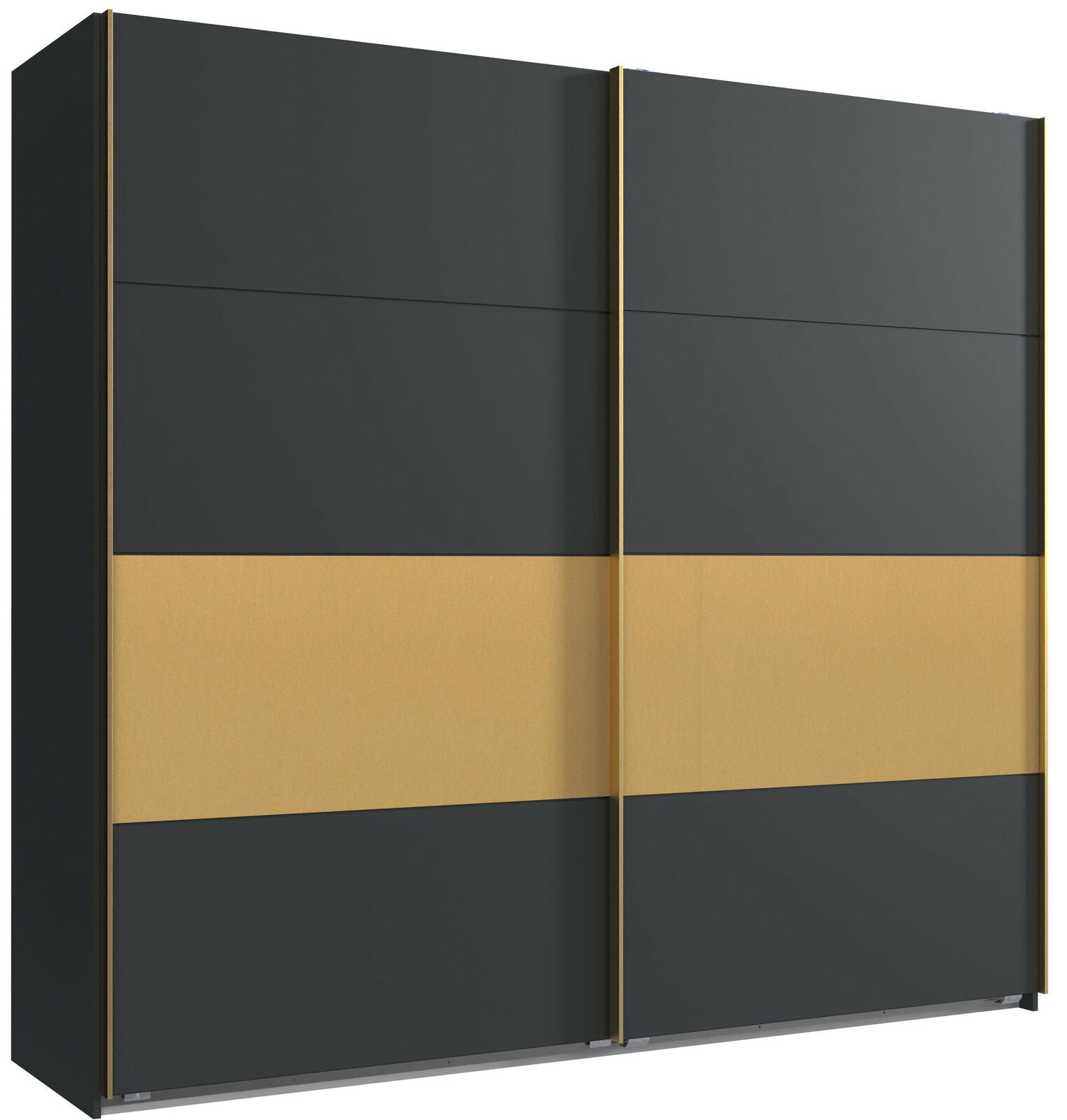 Schwarzer Schwebetürenschrank mit zwei Türen und goldenen Akzenten, Frontalansicht