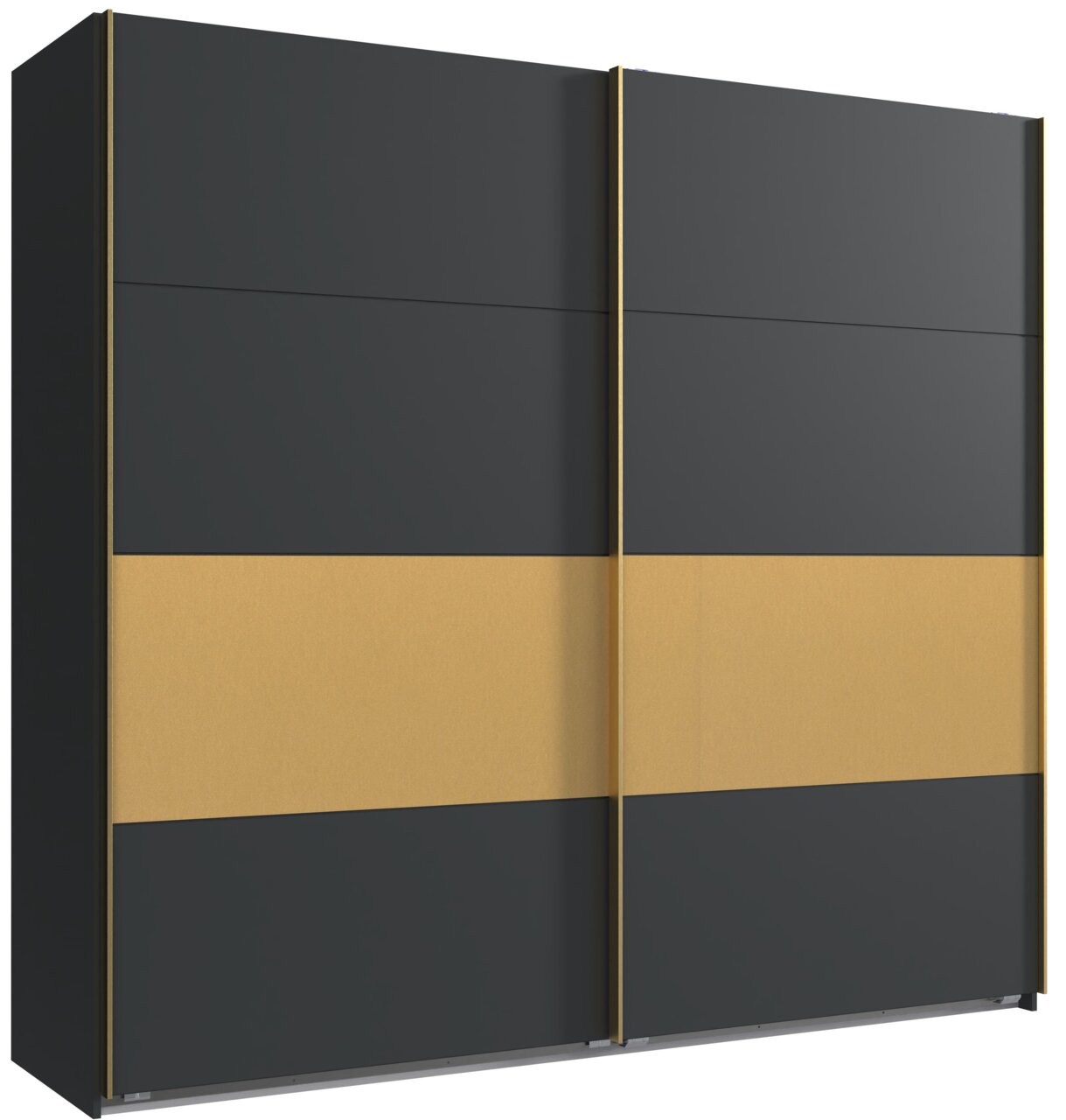 Z2 Schwebetürenschrank 2trg. DUBAI Schwarzer Schwebetürenschrank mit zwei Türen und goldenen Akzenten, Frontalansicht