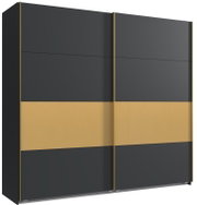 Schwarzer Schwebetürenschrank mit zwei Türen und goldenen Akzenten, Frontalansicht