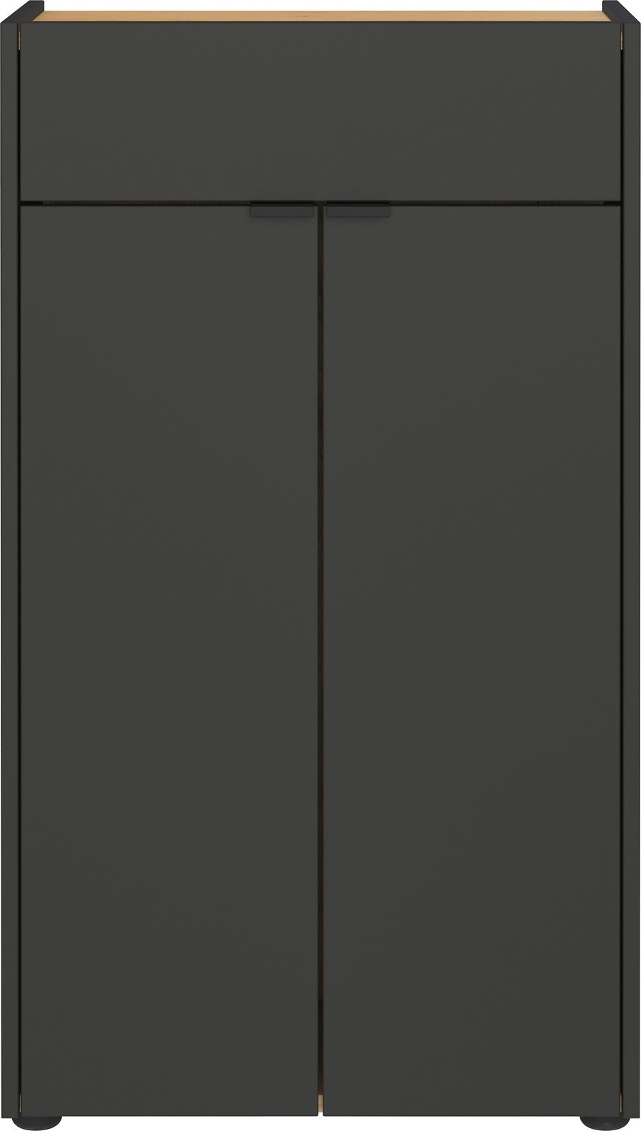 Moderne schwarze Kommode mit zwei Türen und einer Schublade, Frontalansicht