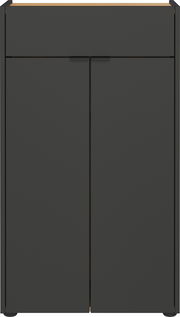 Moderne schwarze Kommode mit zwei Türen und einer Schublade, Frontalansicht