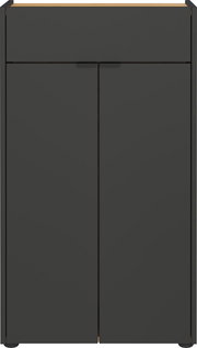 Moderne schwarze Kommode mit zwei Türen und einer Schublade, Frontalansicht