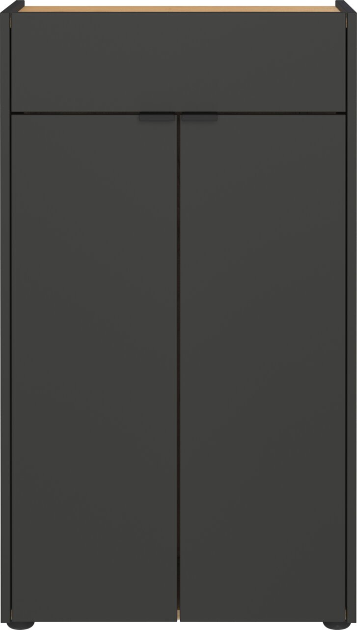 Moderne schwarze Kommode mit zwei Türen und einer Schublade, Frontalansicht