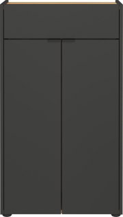 Moderne schwarze Kommode mit zwei Türen und einer Schublade, Frontalansicht