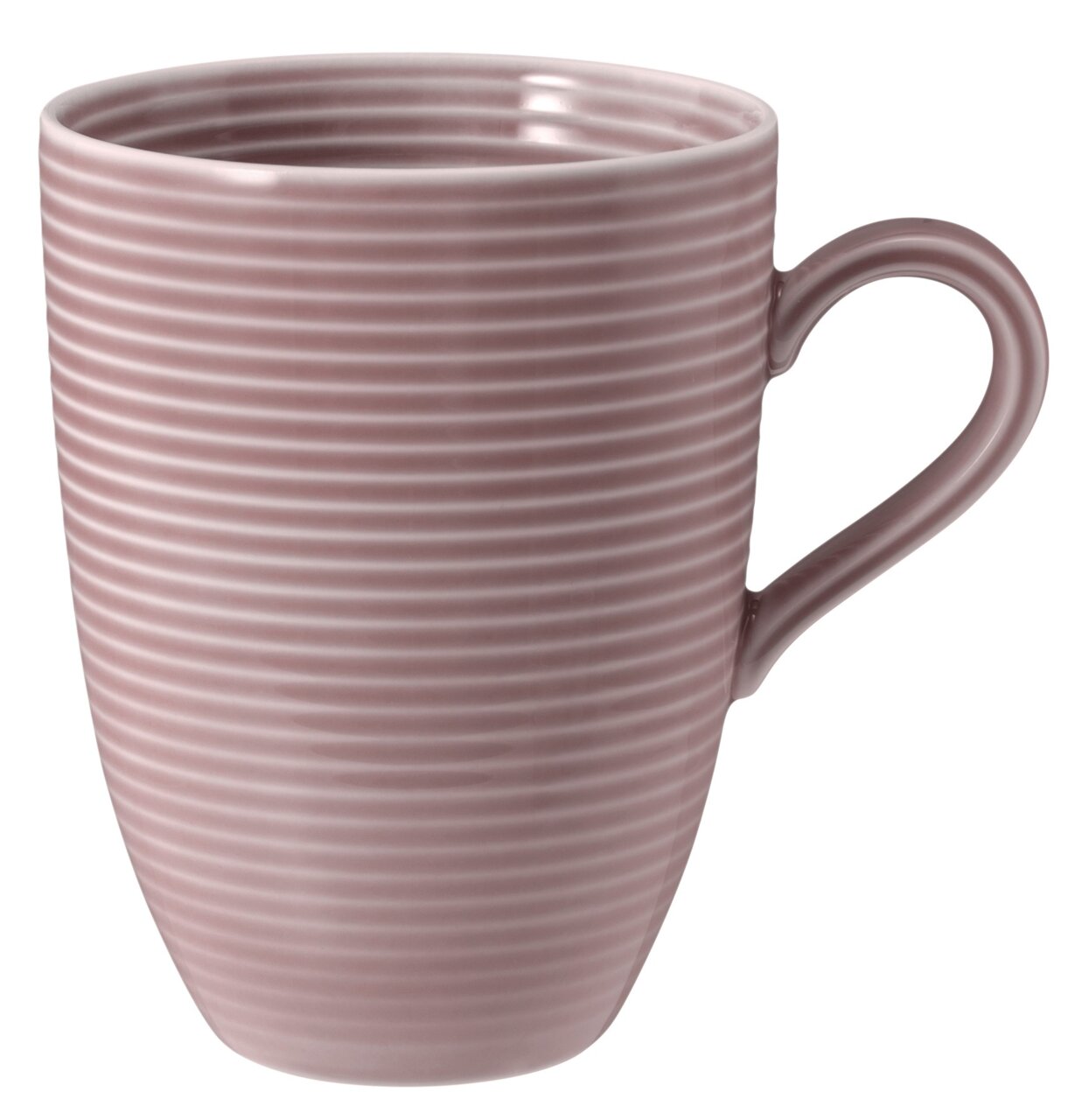 Rosa Becher mit Henkel, 0,35 l, mit horizontalen Streifen, seitliche Perspektive
