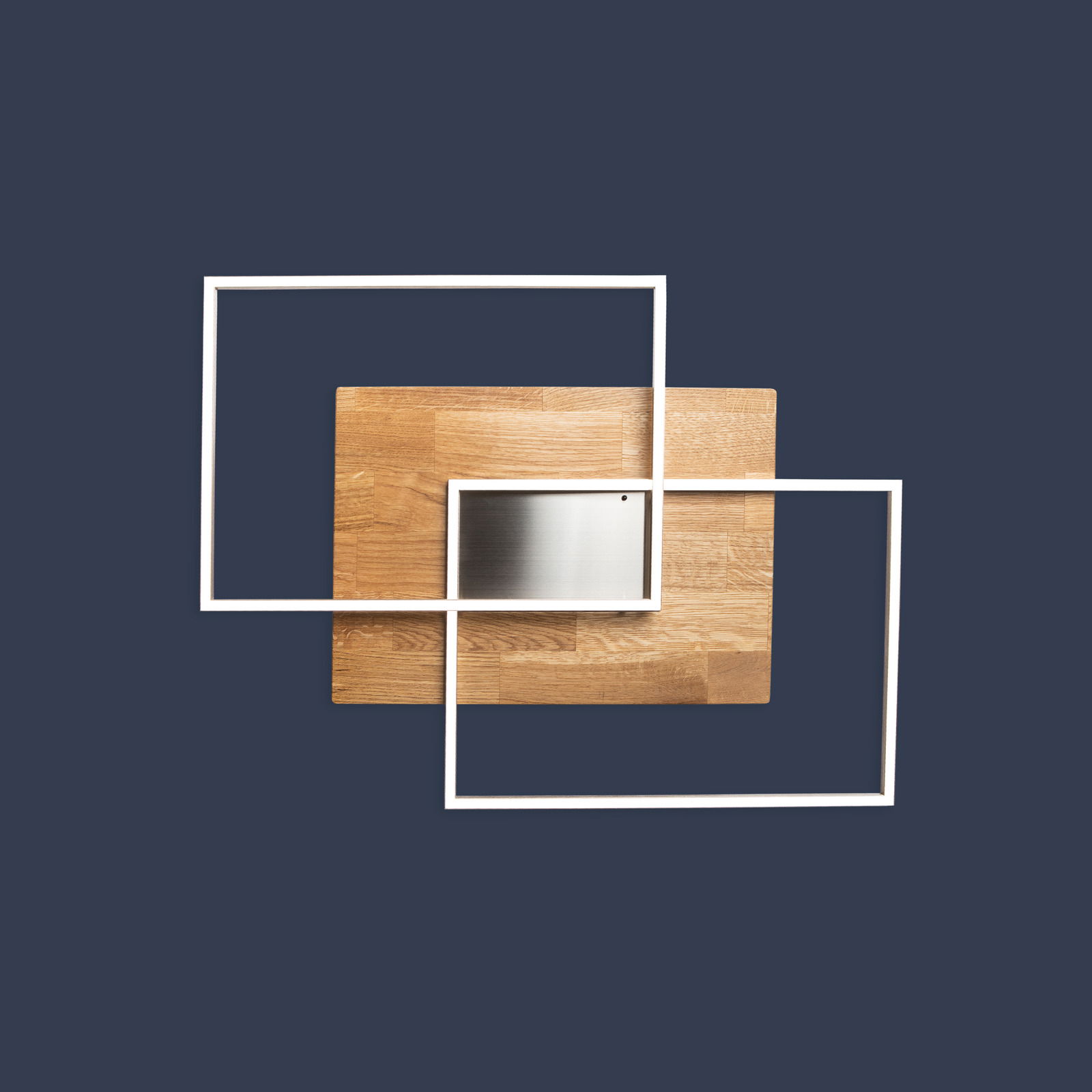 Moderne LED-Deckenleuchte mit rechteckigem Holz- und Metall-Design, aus der Vogelperspektive betrachtet.