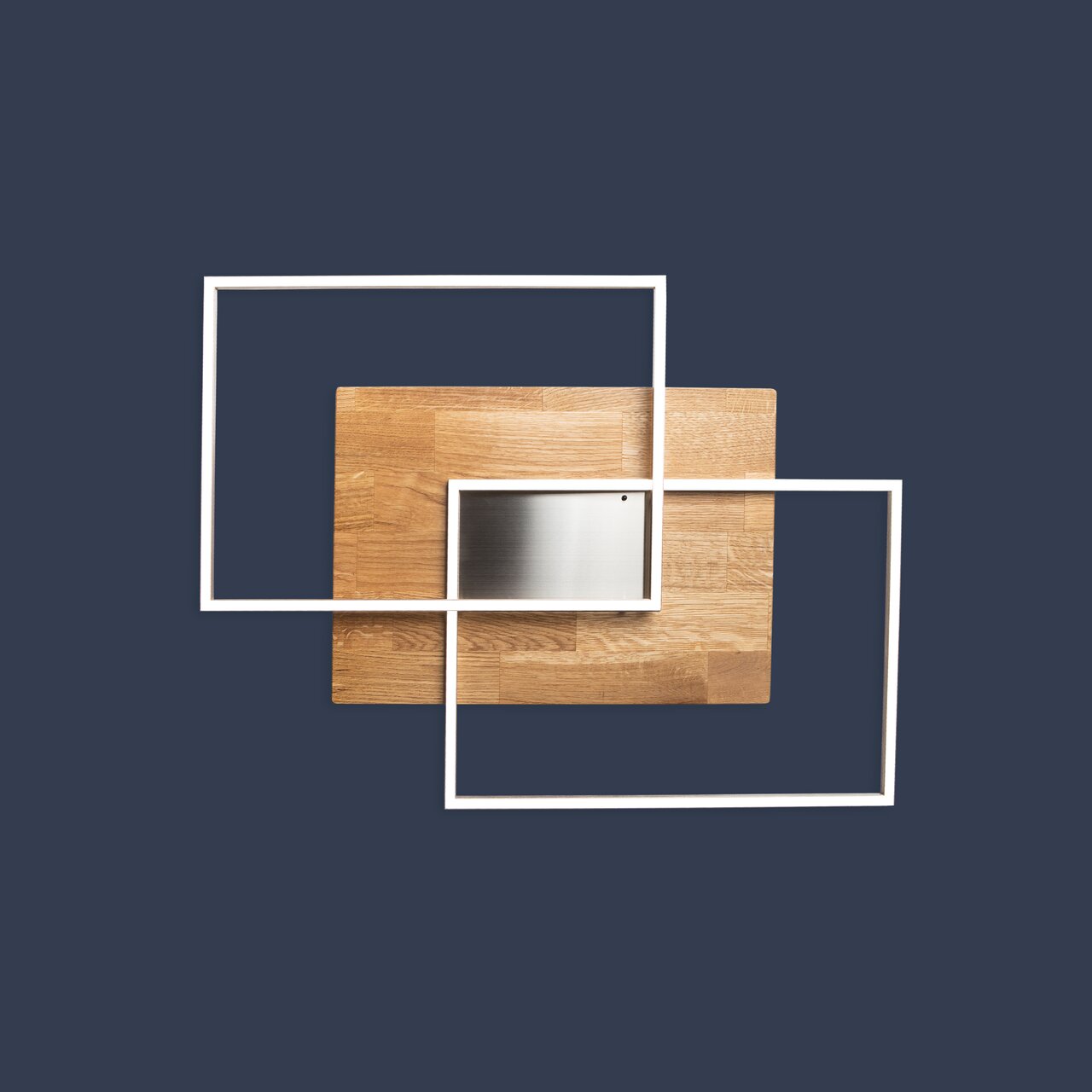 Moderne LED-Deckenleuchte mit rechteckigem Holz- und Metall-Design, aus der Vogelperspektive betrachtet.