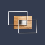 Moderne LED-Deckenleuchte mit rechteckigem Holz- und Metall-Design, aus der Vogelperspektive betrachtet.