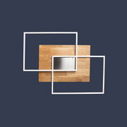 Moderne LED-Deckenleuchte mit rechteckigem Holz- und Metall-Design, aus der Vogelperspektive betrachtet.