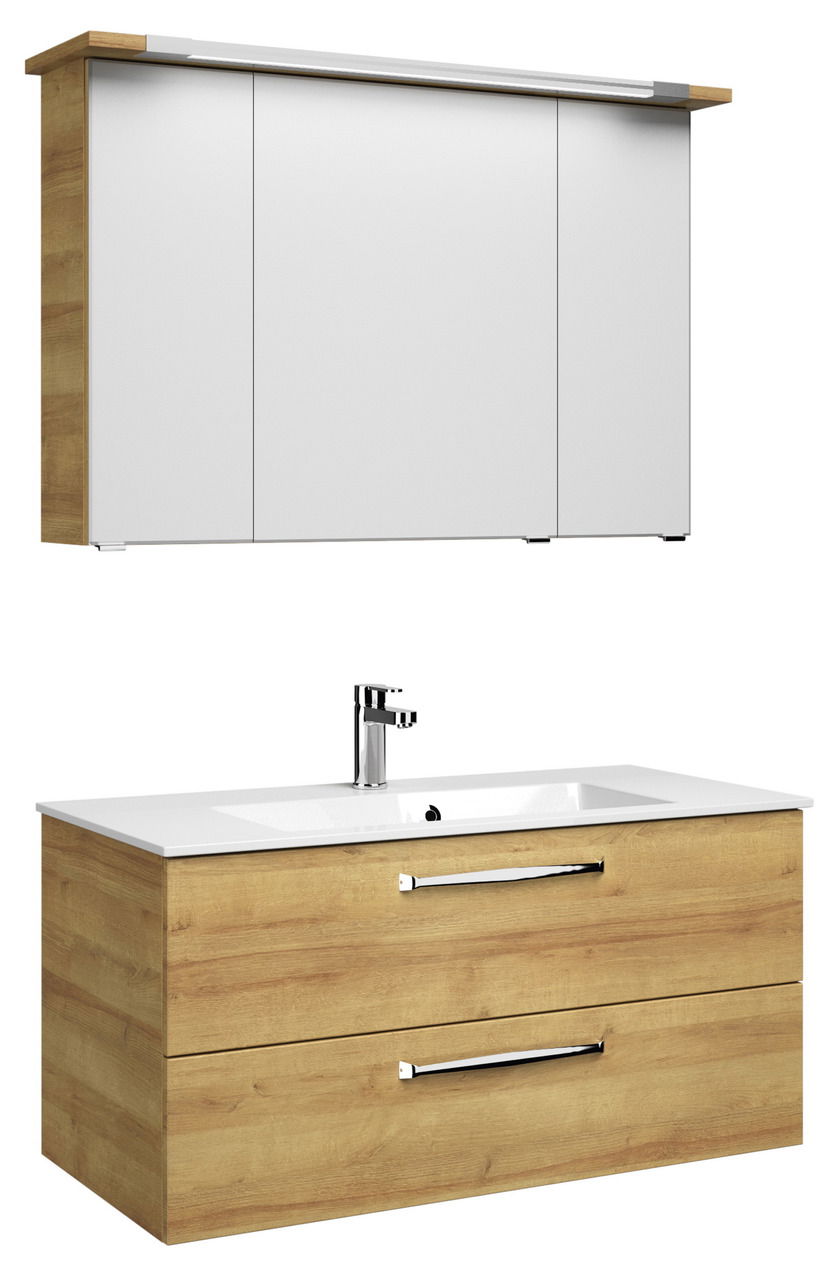 Moderner Badblock mit Holzoptik und weißem Waschbecken, bestehend aus einem Unterschrank mit zwei Schubladen und einem Hängeschrank mit drei Türen, seitliche Perspektive.