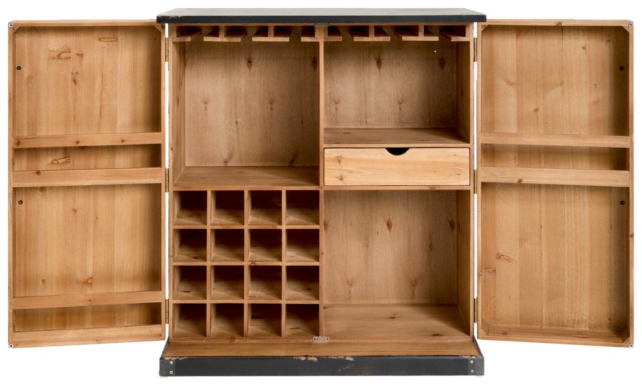 Geöffneter Barschrank aus Holz mit mehreren Fächern und einem Schubfach, frontal betrachtet.