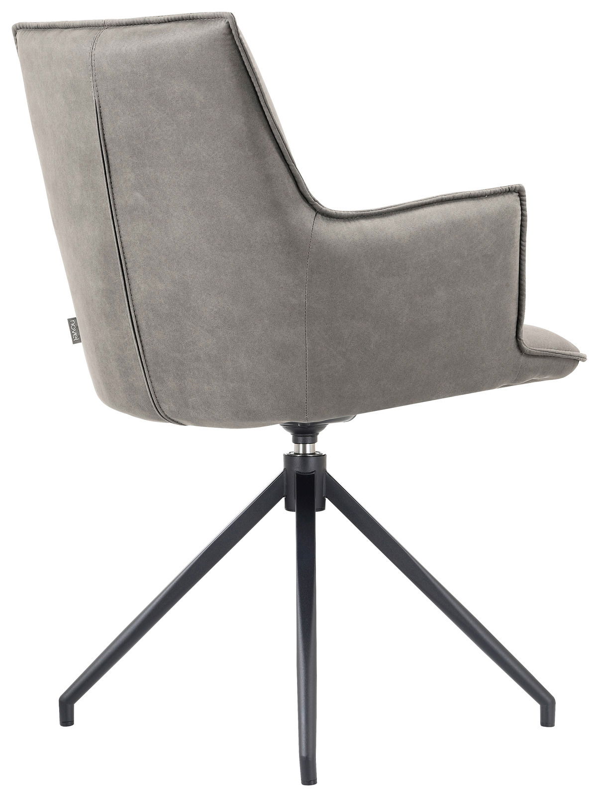 Grauer Sessel mit Armlehnen und modernem Design, seitliche Perspektive