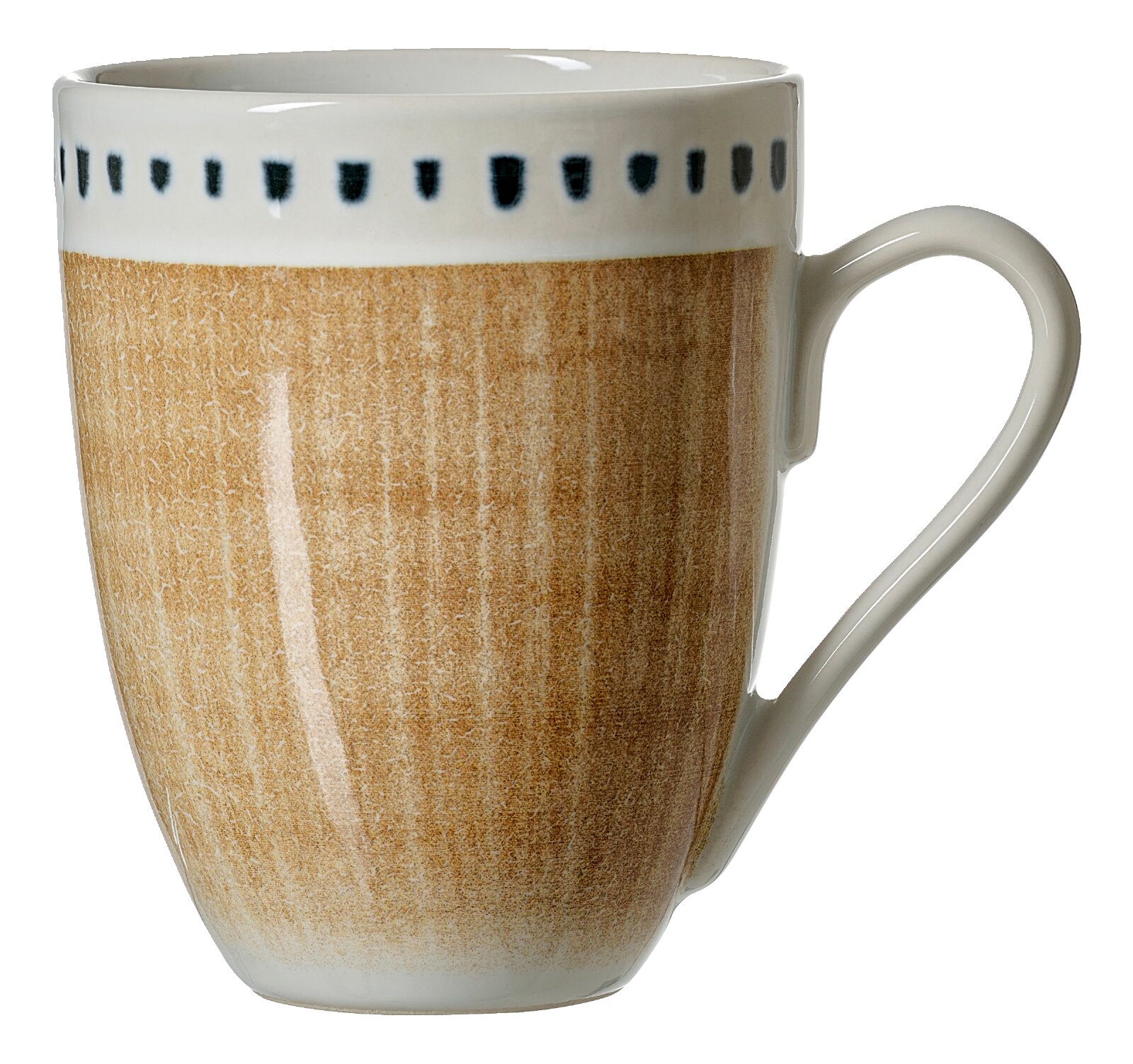 Beige keramische mok met gespikkelde glazuurlaag, witte rand, donker decoratief patroon en groot oor, schuin van voren gezien
