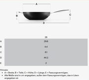Seitenansicht einer Brat- und Servierpfanne mit 26 cm Durchmesser, 29,8 cm Breite, 4,4 cm Tiefe, 6,1 cm Höhe und 44,2 cm Länge inklusive Griff, Fassungsvermögen 2 Liter.