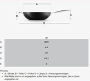 Seitenansicht einer Brat- und Servierpfanne mit 26 cm Durchmesser, 29,8 cm Breite, 4,4 cm Tiefe, 6,1 cm Höhe und 44,2 cm Länge inklusive Griff, Fassungsvermögen 2 Liter.