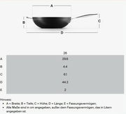 Seitenansicht einer Brat- und Servierpfanne mit 26 cm Durchmesser, 29,8 cm Breite, 4,4 cm Tiefe, 6,1 cm Höhe und 44,2 cm Länge inklusive Griff, Fassungsvermögen 2 Liter.