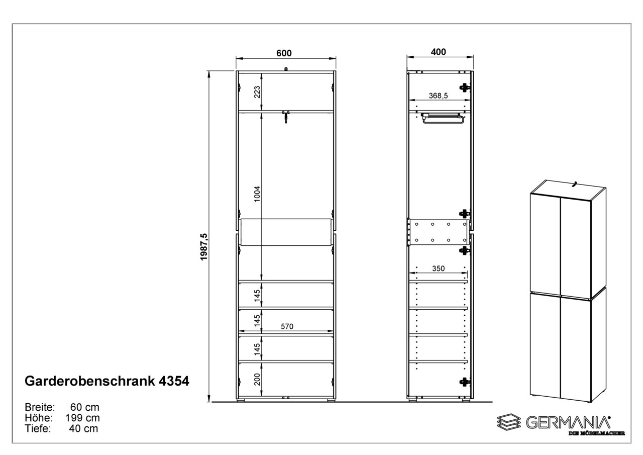 Technische Zeichnung eines Garderobenschranks mit den Maßen: Breite 60 cm, Höhe 199 cm, Tiefe 40 cm. Front- und Seitenansicht des Schranks mit mehreren Fächern und Türen. Perspektive: Frontal- und Seitenansicht.