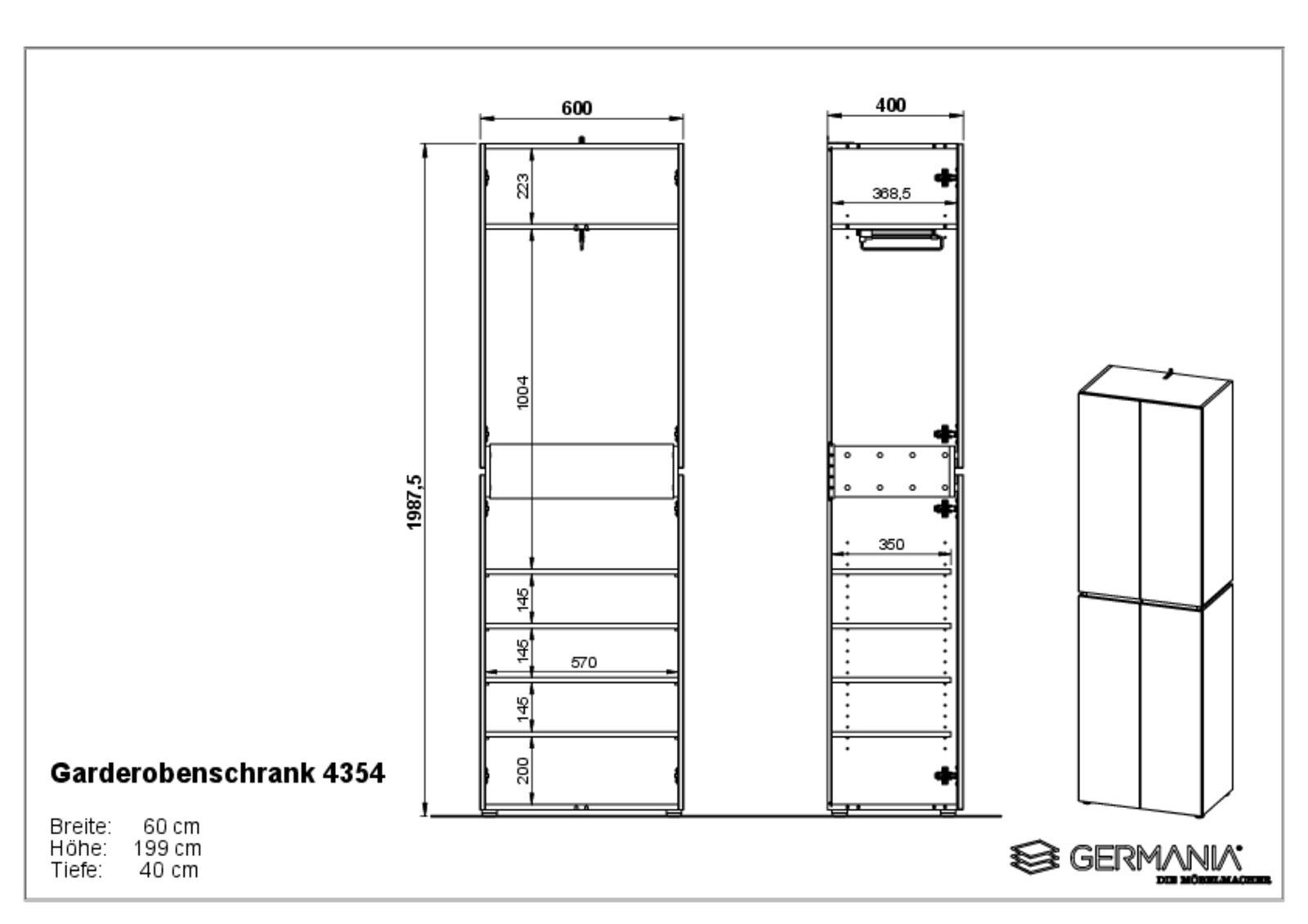 Technische Zeichnung eines Garderobenschranks mit den Maßen: Breite 60 cm, Höhe 199 cm, Tiefe 40 cm. Front- und Seitenansicht des Schranks mit mehreren Fächern und Türen. Perspektive: Frontal- und Seitenansicht.