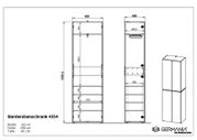 Technische Zeichnung eines Garderobenschranks mit den Maßen: Breite 60 cm, Höhe 199 cm, Tiefe 40 cm. Front- und Seitenansicht des Schranks mit mehreren Fächern und Türen. Perspektive: Frontal- und Seitenansicht.