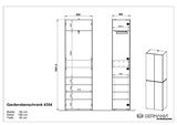 Technische Zeichnung eines Garderobenschranks mit den Maßen: Breite 60 cm, Höhe 199 cm, Tiefe 40 cm. Front- und Seitenansicht des Schranks mit mehreren Fächern und Türen. Perspektive: Frontal- und Seitenansicht.